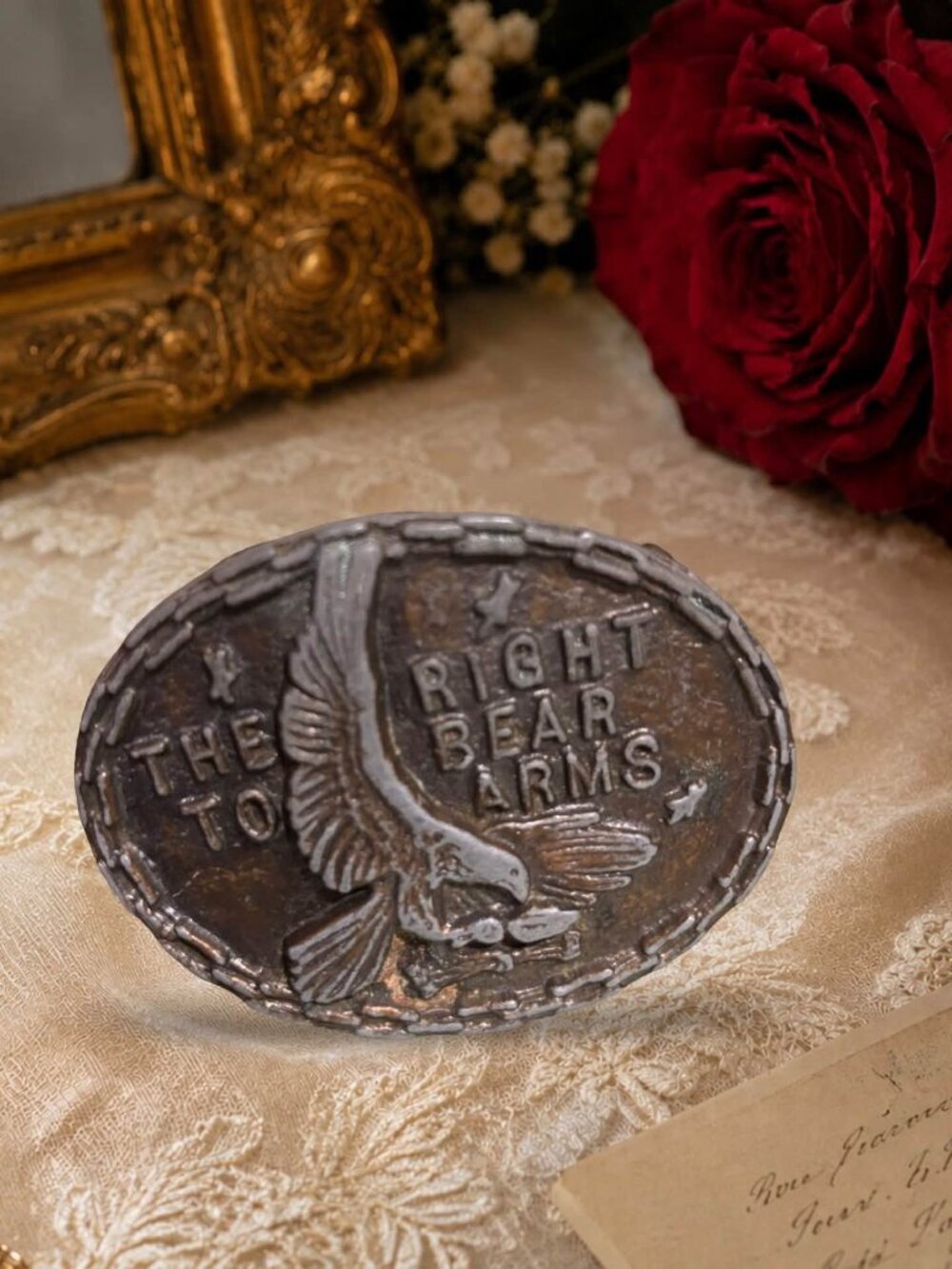 The Right To Bear Arms 2nd Amendment Gun Rights Vintage Metal Belt Buckle Eagle
